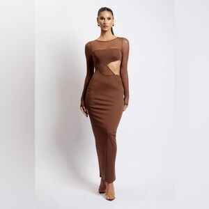 Meshki Sz L Florencia Brown Long Mesh Cut Out Bodycon Maxi Dress
